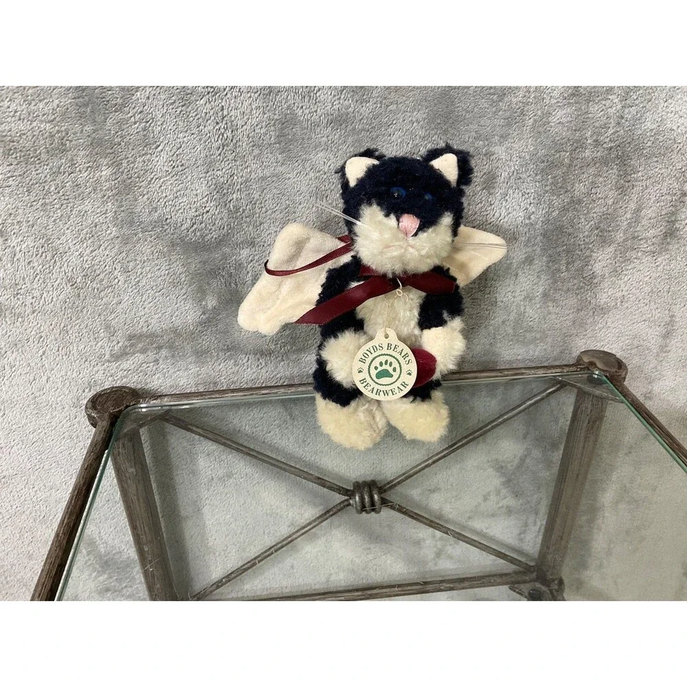 VTG. Boyds Bear Angel Plush Cat w heart & wings  Ornament  Jointed 6” Bearwear